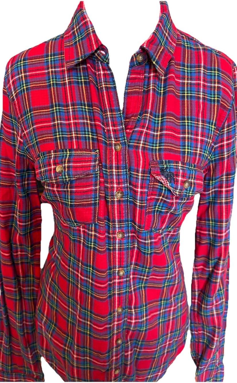 Y2K 90s Abercrombie & Fitch Plaid Button Down Shirt Women L Red Flannel Y2K 1996